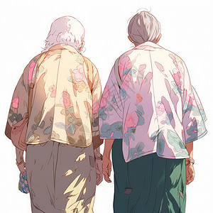 两个驼背卡通老奶奶一起走路背影图片