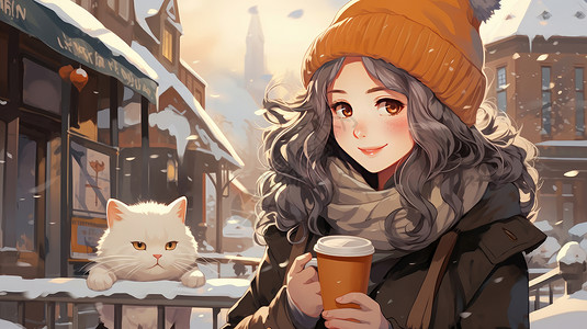 微笑咖啡素材大雪中端着热饮微笑的可爱卡通长发女孩与宠物猫插画