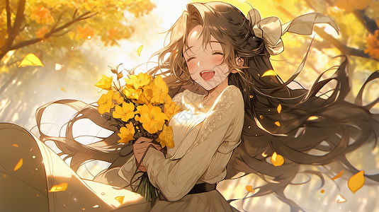 秋天在树下抱着花朵开心笑的卡通女孩背景图片