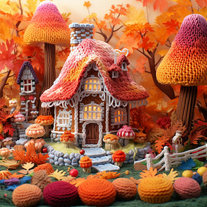 森林中毛线编织可爱的立体卡通蘑菇屋高清图片