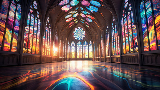 欧式教堂玻璃梦幻唯美的卡通彩色窗插画