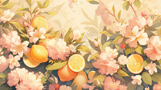 小清新卡通柠檬与漂亮的花朵背景图片