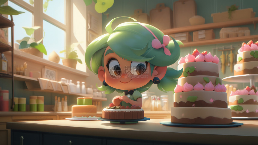 在蛋糕店的可爱绿色头发卡通小女孩图片
