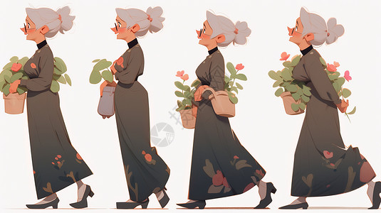 时尚精致的卡通老奶奶在走路多动作图片