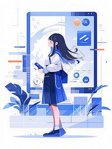魅蓝手机素材拿着手机站在商务屏幕前的扁平风卡通女孩插画