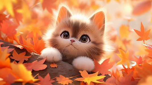 秋天趴在落叶中的可爱立体卡通小花猫图片