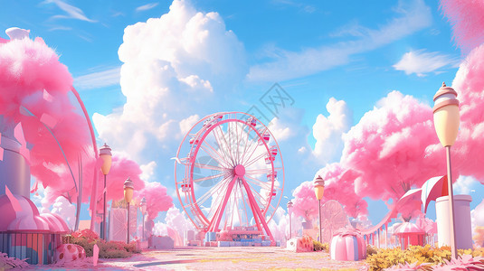 很多云有很多粉色树木的梦幻卡通游乐场插画