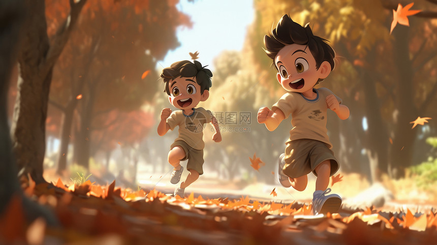秋天在森林中开心奔跑的两个卡通小男孩图片