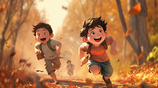 秋天在满是落叶的森林中奔跑的卡通小男孩们背景图片