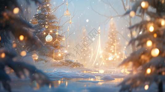 雪夜里圣诞树冬天雪后节日氛围十足的卡通森林插画