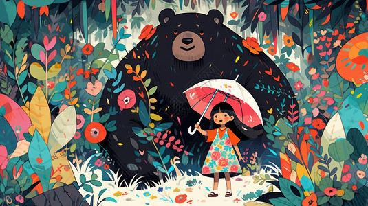 在森林中拿着伞的可爱卡通小女孩与大熊插画图片
