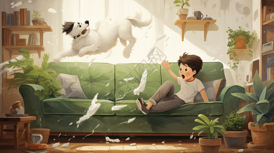 飞跳起弄撒东西的卡通宠物狗与惊讶的卡通男孩背景图片