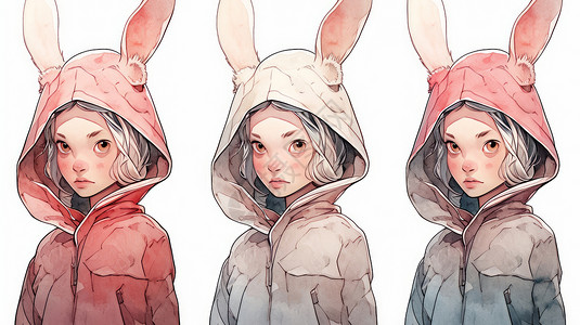 穿兔子耳朵卫衣的可爱卡通小女孩背景图片
