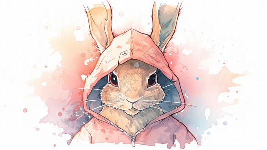 穿卫衣的可爱卡通兔子水彩风背景图片