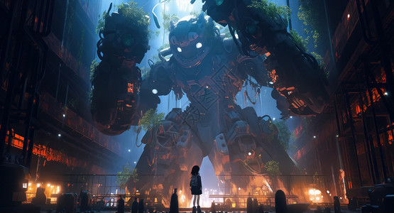 科幻巨大的卡通机器人脚下一个小小的卡通女孩背影背景图片