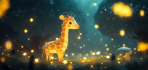 可爱萌萌的卡通长颈鹿叼着一棵发光的植物图片