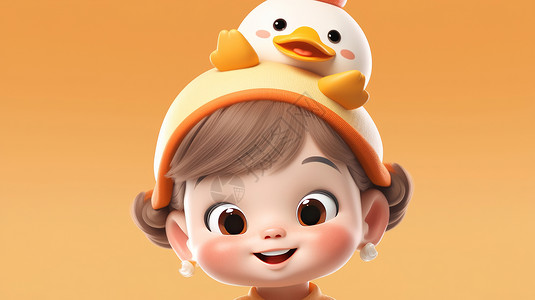 玩具小鸭头顶着小鸭帽子微笑的可爱卡通小女孩插画
