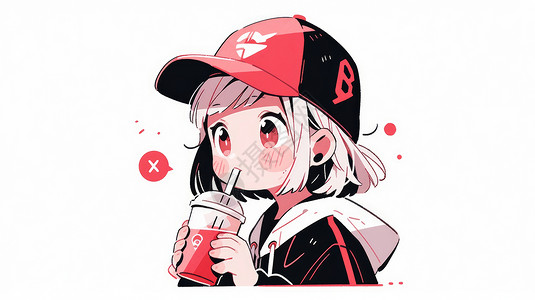 茶服戴着棒球帽喝奶茶的可爱卡通小女孩插画
