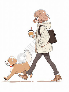 手端着热饮与宠物狗一起上班走路的卡通女孩图片