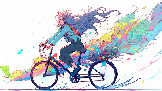 骑自行车的长发卡通女孩背景图片
