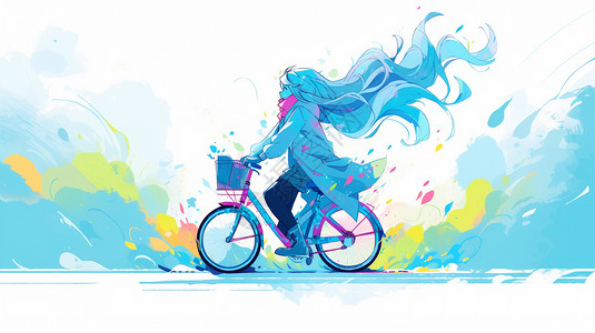 蓝色调骑自行车的长发卡通女孩图片