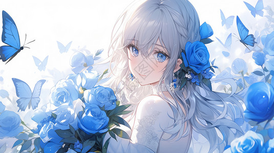 蓝玫瑰素材头戴蓝玫瑰花朵的长发卡通女孩插画
