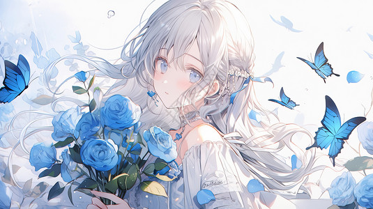 手拿蓝色玫瑰花束被蝴蝶环绕的卡通女孩高清图片