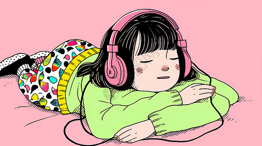 戴着粉色耳麦宅在家听音乐的卡通女孩背景图片