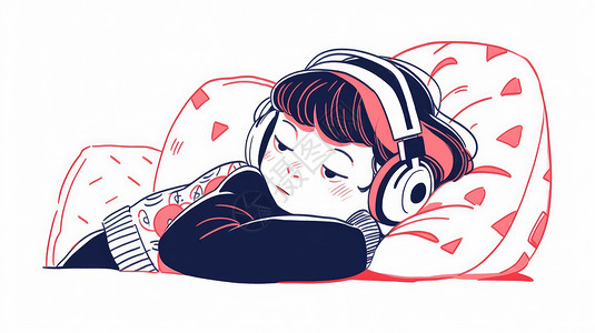 躺在沙发上慵懒的听音乐的卡通人物插画