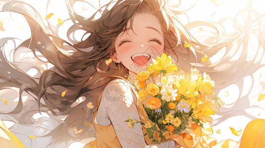 抱着一大束黄色花朵开心笑的长发卡通女孩图片