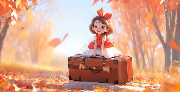 坐在行李箱上可爱的卡通女孩图片