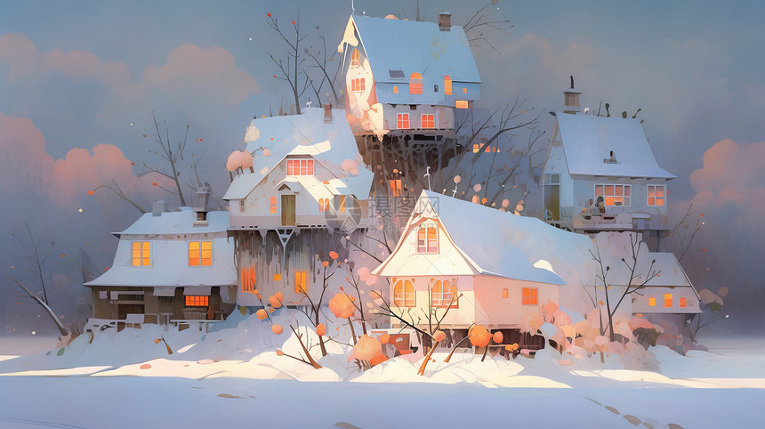 雪后温馨的卡通房子图片