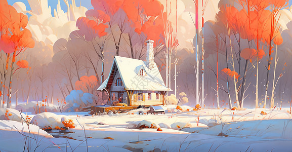 雪后冬天森林中的卡通小房子图片