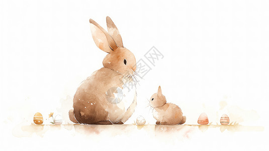 两只可爱的水彩风卡通小兔子背景图片