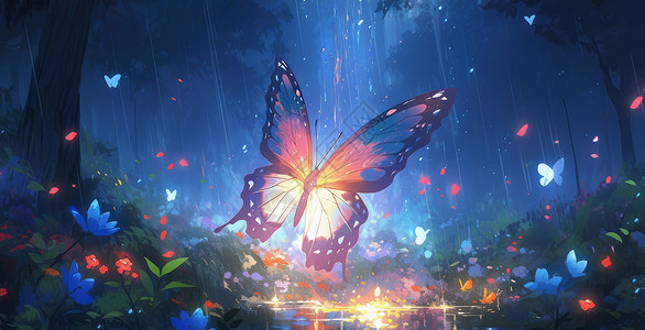 梦幻森林中一只发光的蝴蝶背景图片