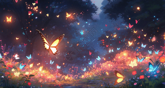 梦幻森林中很多发光蝴蝶高清图片