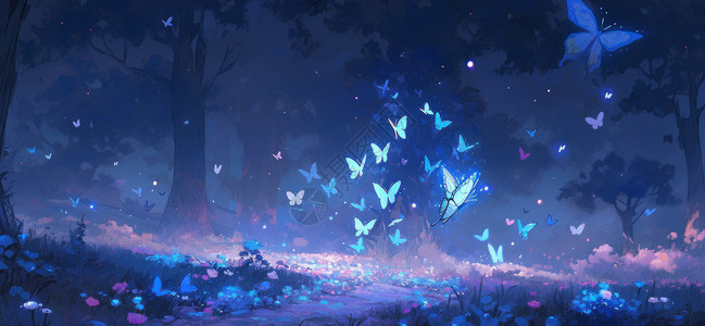 夜晚飞舞在森林中很多漂亮的蓝色蝴蝶高清图片