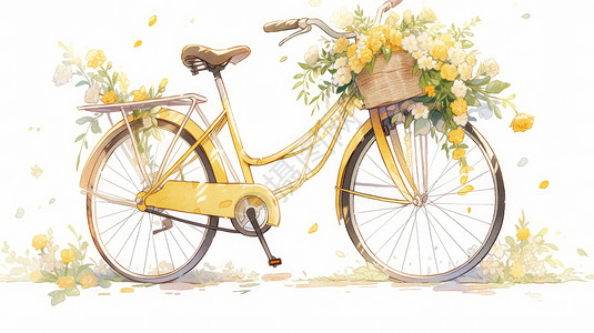 带着黄色花朵的小清新卡通自行车背景图片