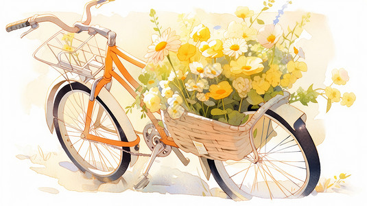 带着很多花朵的小清新卡通自行车背景图片