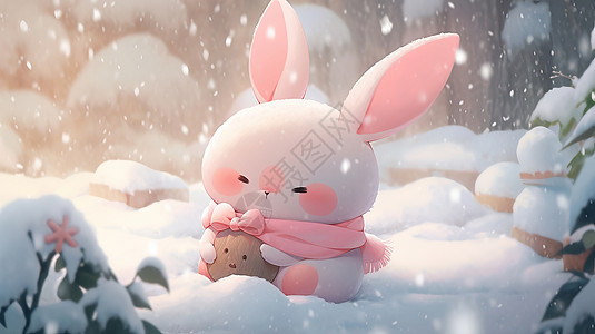 冬天大雪中在雪地里玩耍的可爱卡通小白兔图片