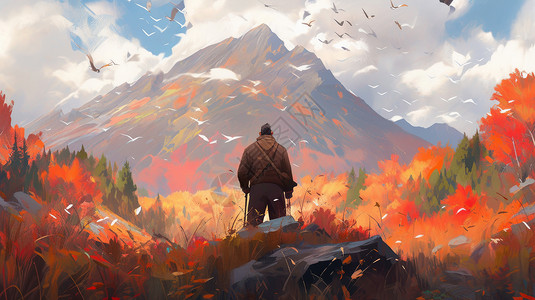 徒步背影秋天在山中看着远处大山的卡通男人背影插画