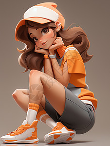 戴着帽子穿运动风服装蹲坐在地上的卡通女孩背景图片