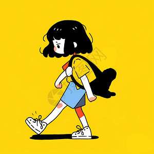 背着黑色包走路的可爱卡通小女孩图片