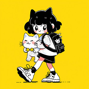 抱着小白猫的可爱卡通小女孩背景图片