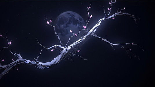 夜晚枯树枝与暗暗的卡通月亮背景图片