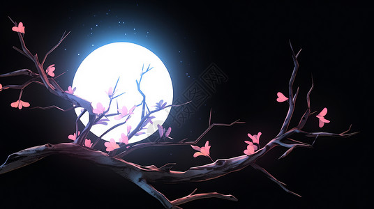 圆圆的月亮与开花的卡通枯树枝图片