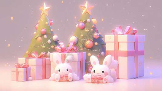 玩具小白兔两个可爱的卡通圣诞树与小白兔玩具礼物们插画