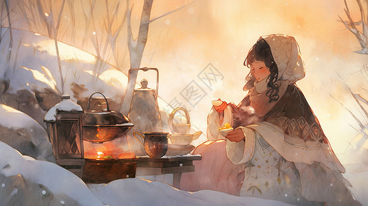 下后茶冬天在户外雪中做饭的卡通女孩插画