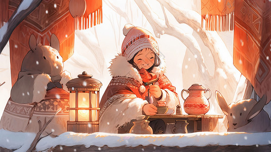 户外做饭与小动物们在大雪中开心喝茶的卡通女孩插画