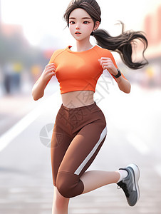 棕色上衣的女孩清晨在户外运动跑步的立体卡通女孩插画